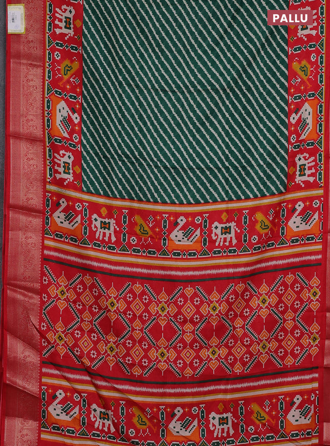 Semi dola saree green and red with allover leheriya prints and long ikat printed zari border