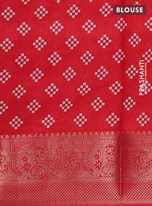 Semi dola saree green and red with allover leheriya prints and long ikat printed zari border