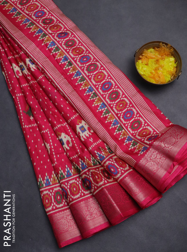 Semi dola saree pink with allover ikat prints and zari woven border