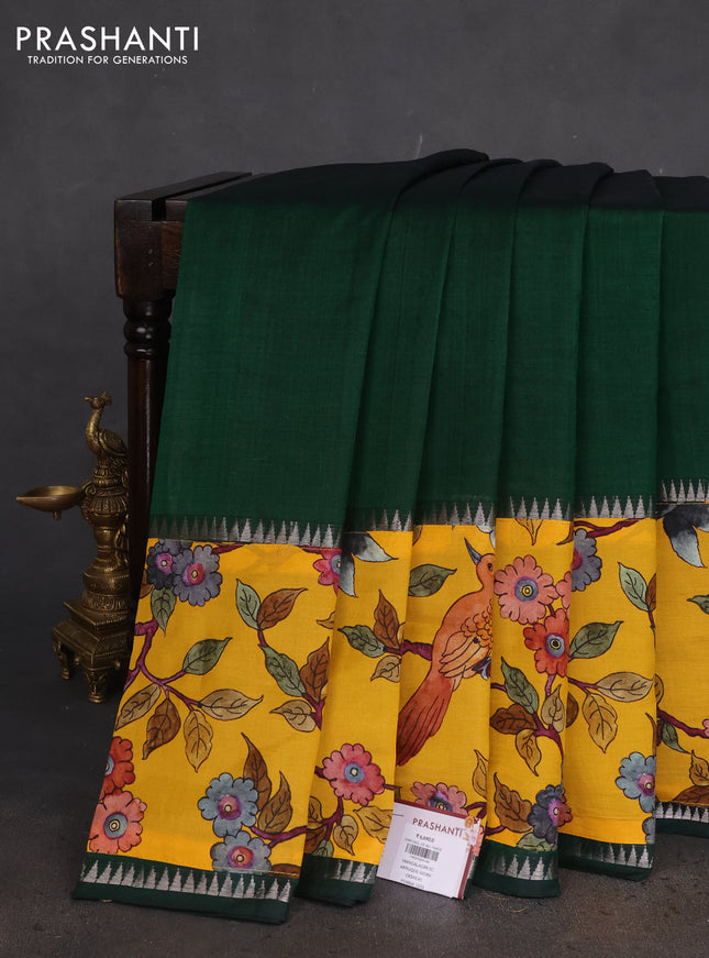 Mangalgiri silk cotton saree dark green and yellow with plain body and long kalamkari printed applique border