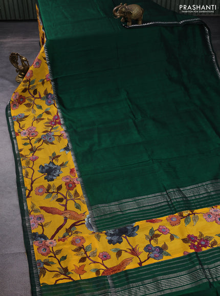 Mangalgiri silk cotton saree dark green and yellow with plain body and long kalamkari printed applique border