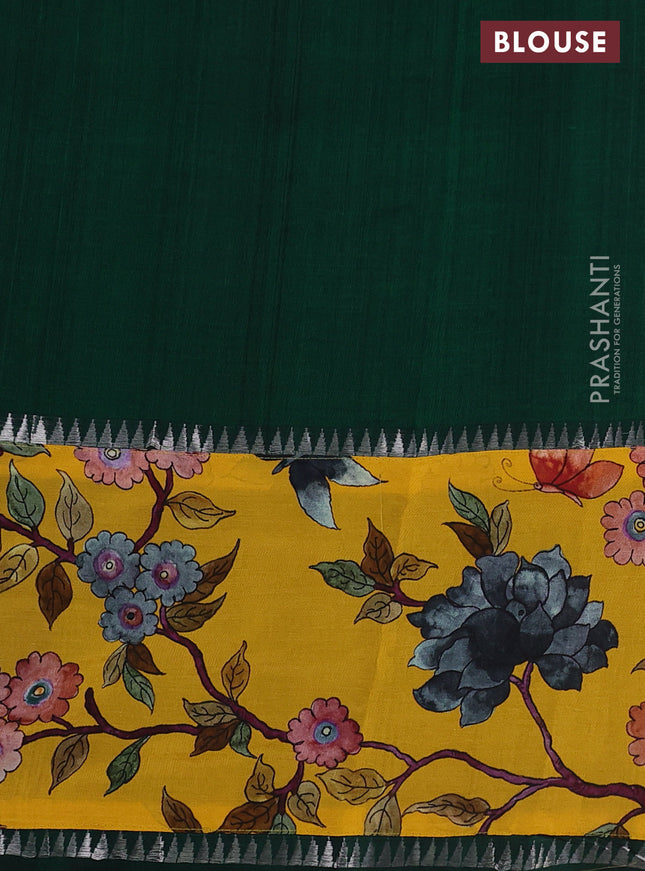 Mangalgiri silk cotton saree dark green and yellow with plain body and long kalamkari printed applique border