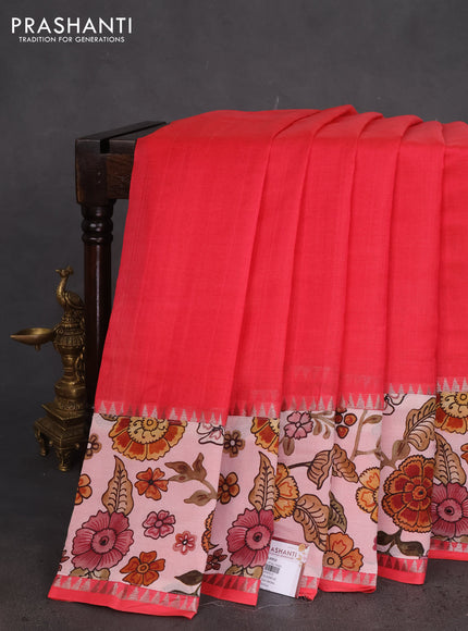 Mangalgiri silk cotton saree peach pink with plain body and long kalamkari printed applique border