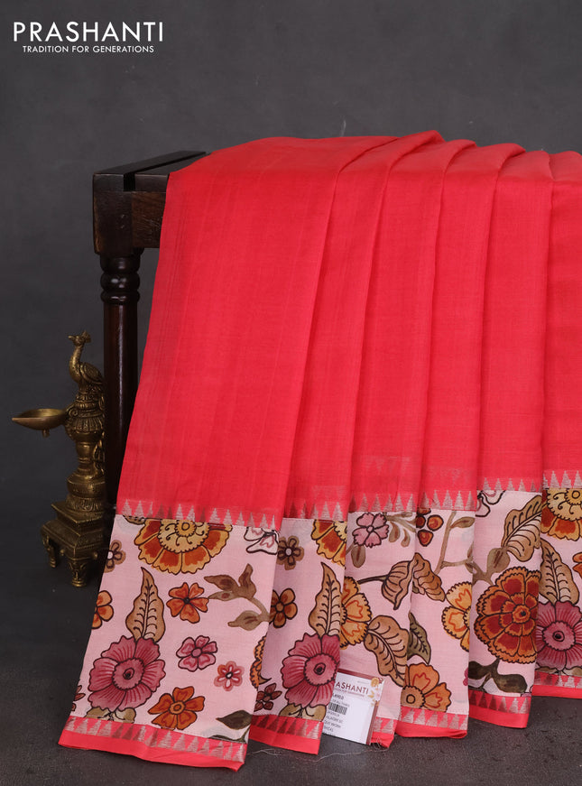 Mangalgiri silk cotton saree peach pink with plain body and long kalamkari printed applique border