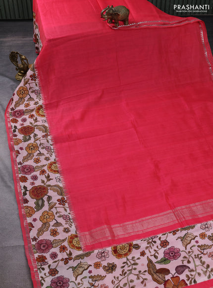 Mangalgiri silk cotton saree peach pink with plain body and long kalamkari printed applique border