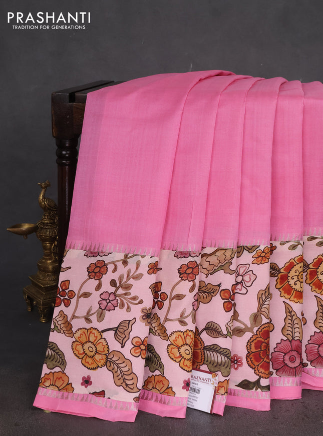 Mangalgiri silk cotton saree light pink and pastel peach pink with plain body and long kalamkari printed applique border