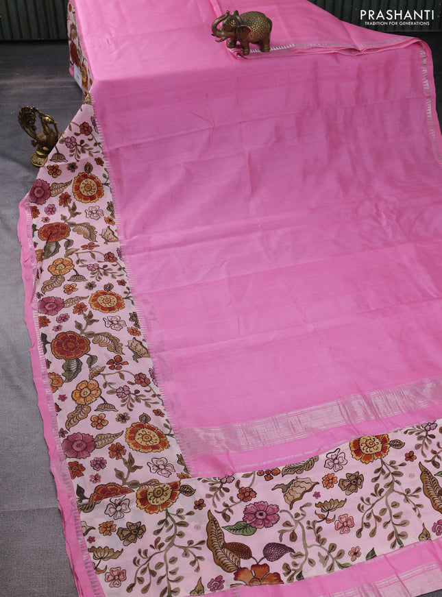 Mangalgiri silk cotton saree light pink and pastel peach pink with plain body and long kalamkari printed applique border