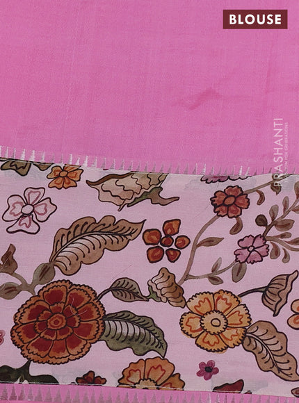 Mangalgiri silk cotton saree light pink and pastel peach pink with plain body and long kalamkari printed applique border