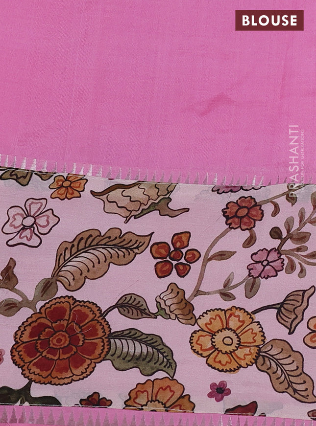 Mangalgiri silk cotton saree light pink and pastel peach pink with plain body and long kalamkari printed applique border