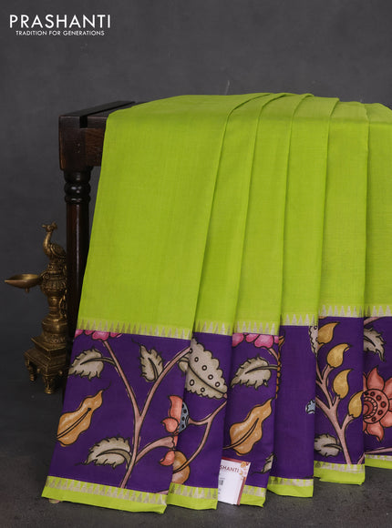 Mangalgiri silk cotton saree light green and violet with plain body and long kalamkari printed applique border