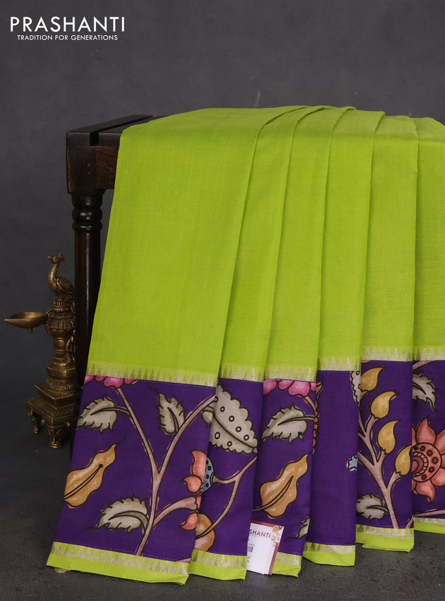 Mangalgiri silk cotton saree light green and violet with plain body and long kalamkari printed applique border