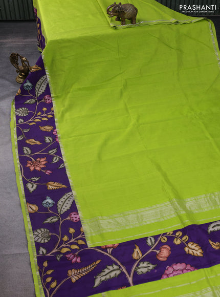 Mangalgiri silk cotton saree light green and violet with plain body and long kalamkari printed applique border