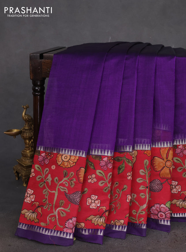 Mangalgiri silk cotton saree violet and dark pink with plain body and long kalamkari printed applique border