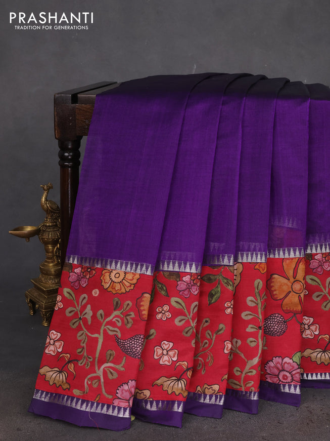 Mangalgiri silk cotton saree violet and dark pink with plain body and long kalamkari printed applique border