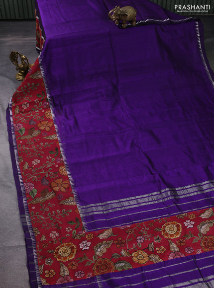 Mangalgiri silk cotton saree violet and dark pink with plain body and long kalamkari printed applique border