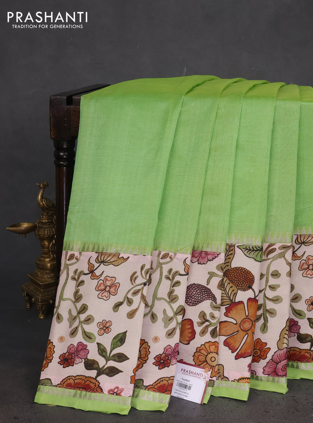 Mangalgiri silk cotton saree pista green and pastel peach with plain body and long kalamkari printed applique border