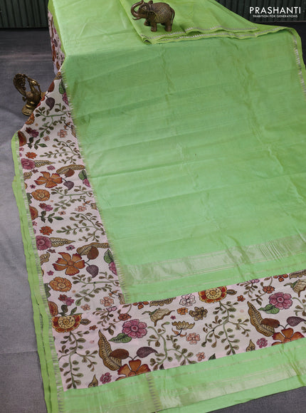 Mangalgiri silk cotton saree pista green and pastel peach with plain body and long kalamkari printed applique border
