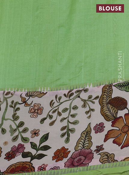 Mangalgiri silk cotton saree pista green and pastel peach with plain body and long kalamkari printed applique border