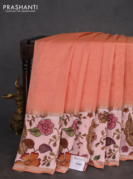Mangalgiri silk cotton saree peach shade and pastel peach with plain body and long kalamkari printed applique border