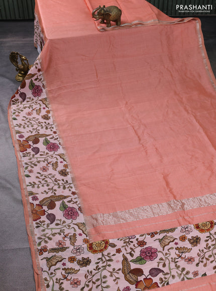 Mangalgiri silk cotton saree peach shade and pastel peach with plain body and long kalamkari printed applique border