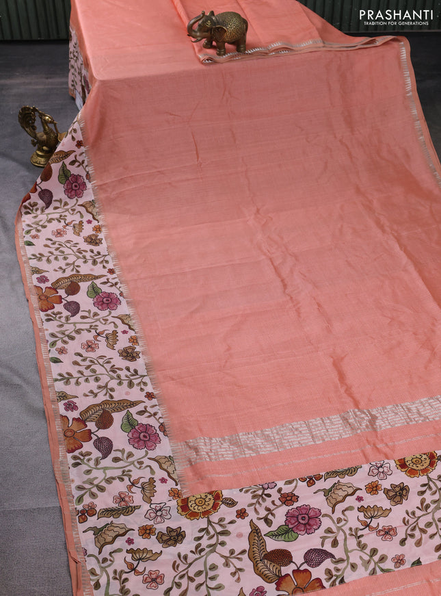 Mangalgiri silk cotton saree peach shade and pastel peach with plain body and long kalamkari printed applique border