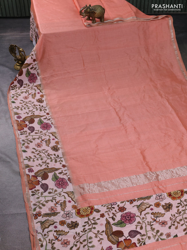 Mangalgiri silk cotton saree peach shade and pastel peach with plain body and long kalamkari printed applique border