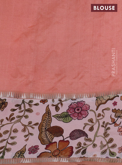 Mangalgiri silk cotton saree peach shade and pastel peach with plain body and long kalamkari printed applique border
