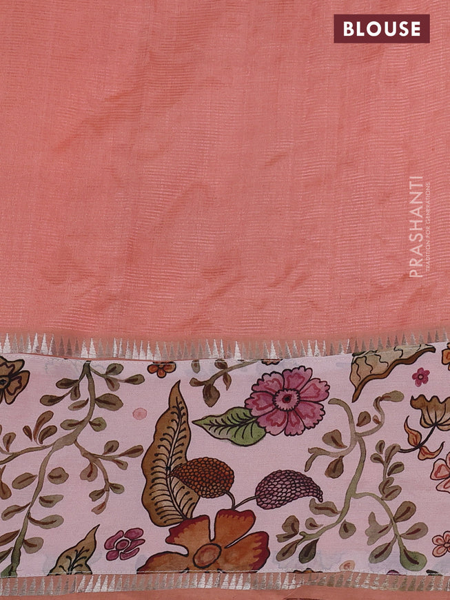 Mangalgiri silk cotton saree peach shade and pastel peach with plain body and long kalamkari printed applique border