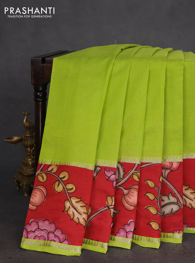 Mangalgiri silk cotton saree light green and maroon with plain body and long kalamkari printed applique border