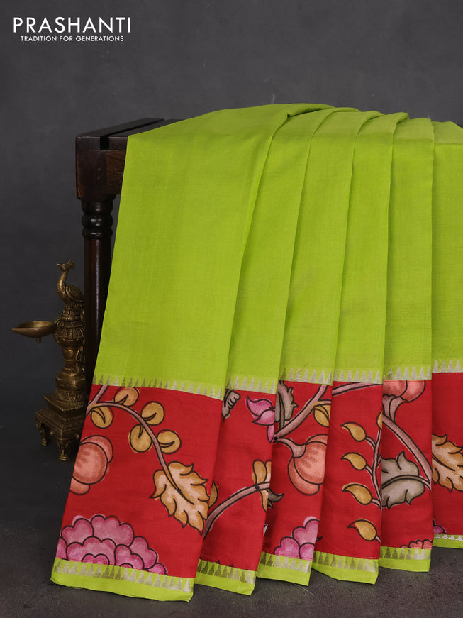 Mangalgiri silk cotton saree light green and maroon with plain body and long kalamkari printed applique border