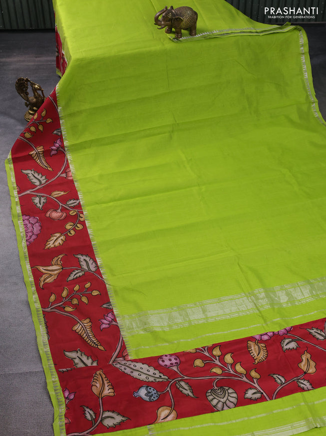 Mangalgiri silk cotton saree light green and maroon with plain body and long kalamkari printed applique border