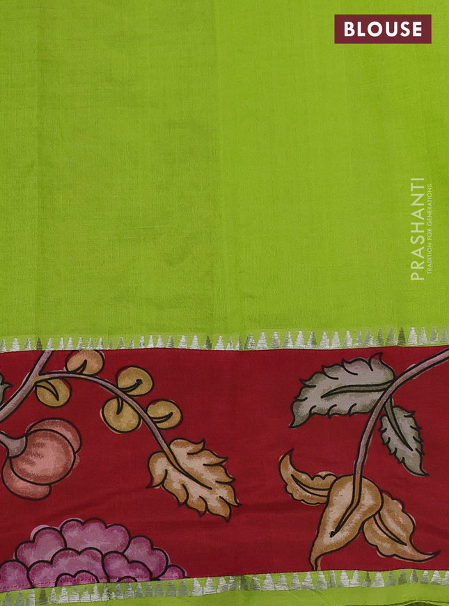 Mangalgiri silk cotton saree light green and maroon with plain body and long kalamkari printed applique border
