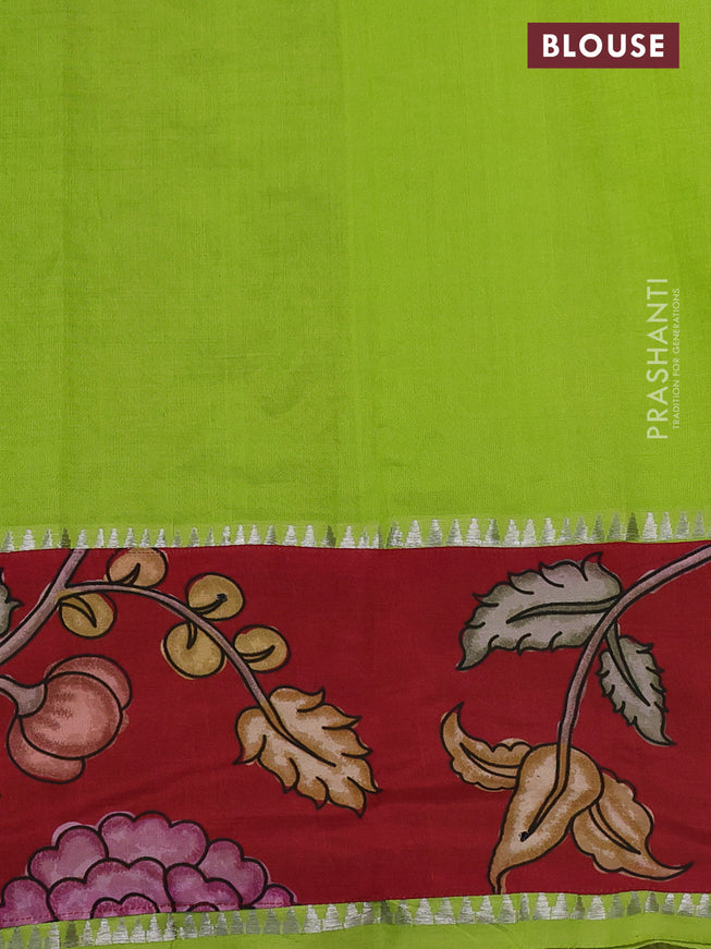 Mangalgiri silk cotton saree light green and maroon with plain body and long kalamkari printed applique border