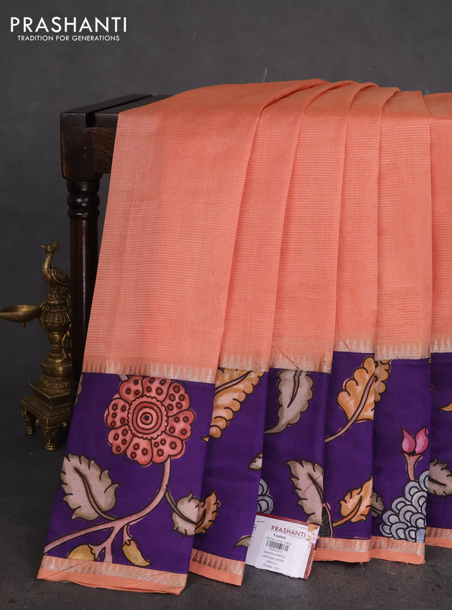Mangalgiri silk cotton saree peach orange and violet with plain body and long kalamkari printed applique border