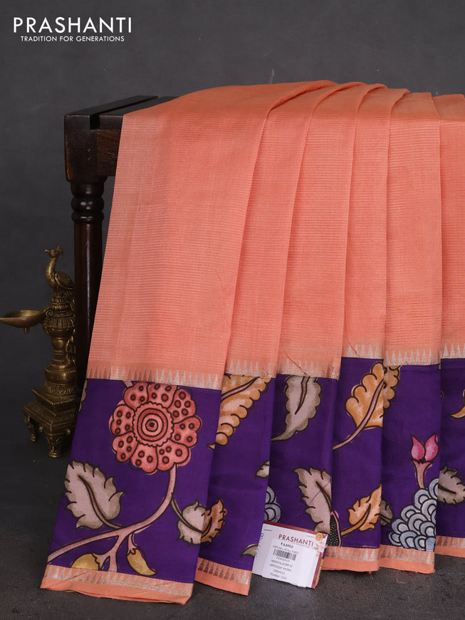 Mangalgiri silk cotton saree peach orange and violet with plain body and long kalamkari printed applique border