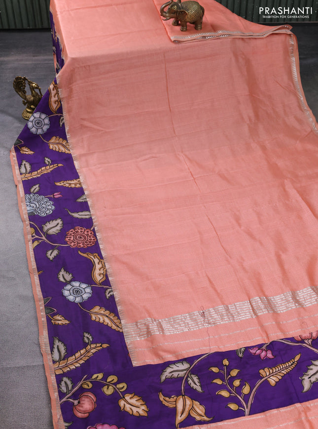 Mangalgiri silk cotton saree peach orange and violet with plain body and long kalamkari printed applique border