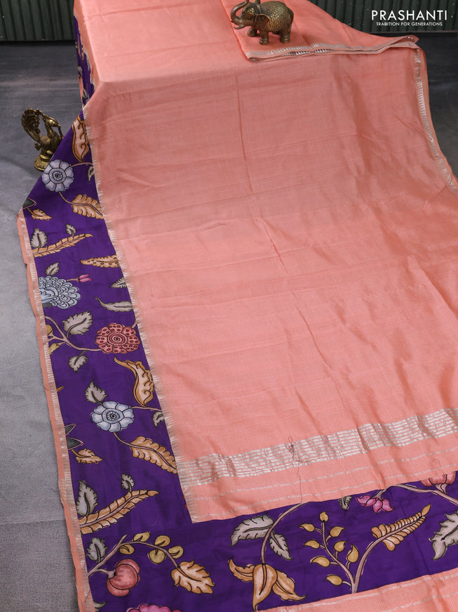 Mangalgiri silk cotton saree peach orange and violet with plain body and long kalamkari printed applique border