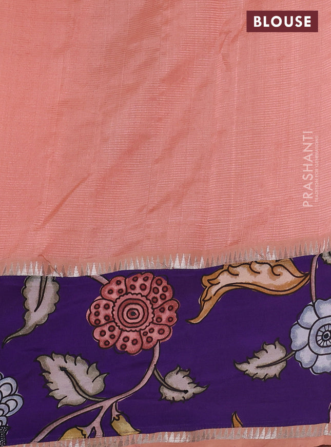Mangalgiri silk cotton saree peach orange and violet with plain body and long kalamkari printed applique border