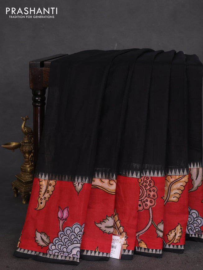 Mangalgiri silk cotton saree black and maroon with plain body and long kalamkari printed applique border