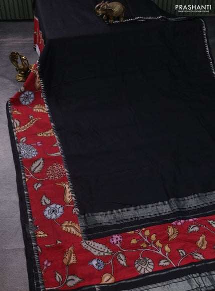 Mangalgiri silk cotton saree black and maroon with plain body and long kalamkari printed applique border