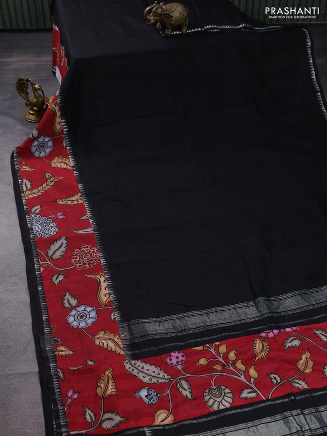 Mangalgiri silk cotton saree black and maroon with plain body and long kalamkari printed applique border