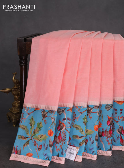Mangalgiri silk cotton saree pastel peach and blue with plain body and long kalamkari printed applique border