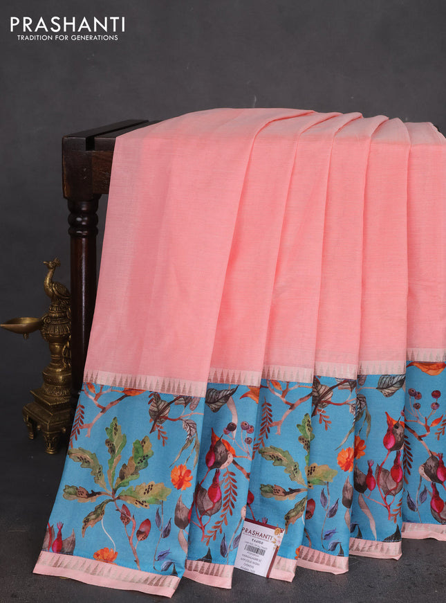 Mangalgiri silk cotton saree pastel peach and blue with plain body and long kalamkari printed applique border