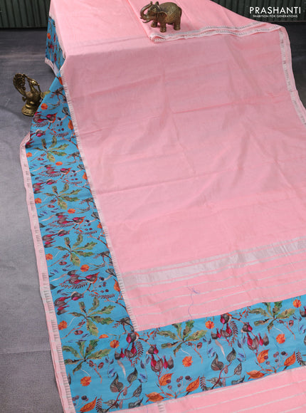 Mangalgiri silk cotton saree pastel peach and blue with plain body and long kalamkari printed applique border