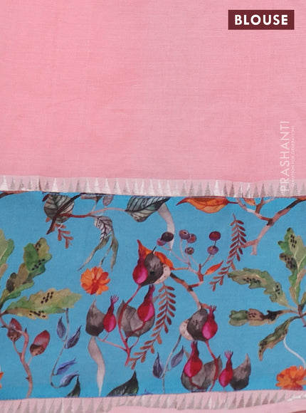 Mangalgiri silk cotton saree pastel peach and blue with plain body and long kalamkari printed applique border