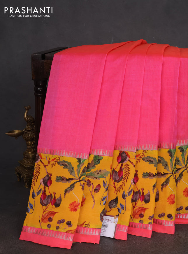Mangalgiri silk cotton saree dual shade of candy pink and yellow with plain body and long kalamkari printed applique border