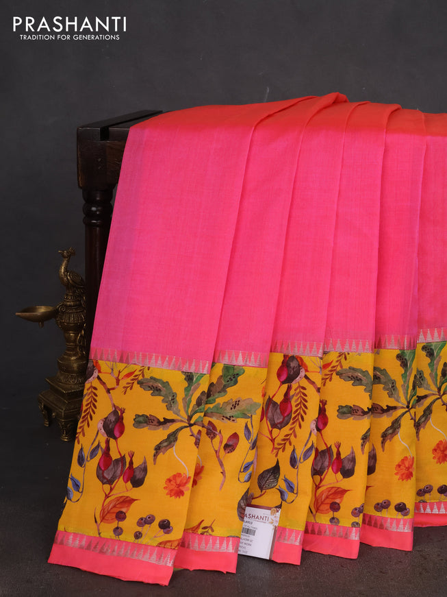 Mangalgiri silk cotton saree dual shade of candy pink and yellow with plain body and long kalamkari printed applique border