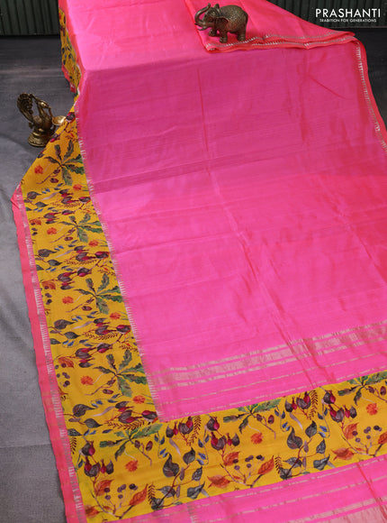 Mangalgiri silk cotton saree dual shade of candy pink and yellow with plain body and long kalamkari printed applique border