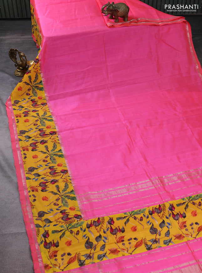 Mangalgiri silk cotton saree dual shade of candy pink and yellow with plain body and long kalamkari printed applique border