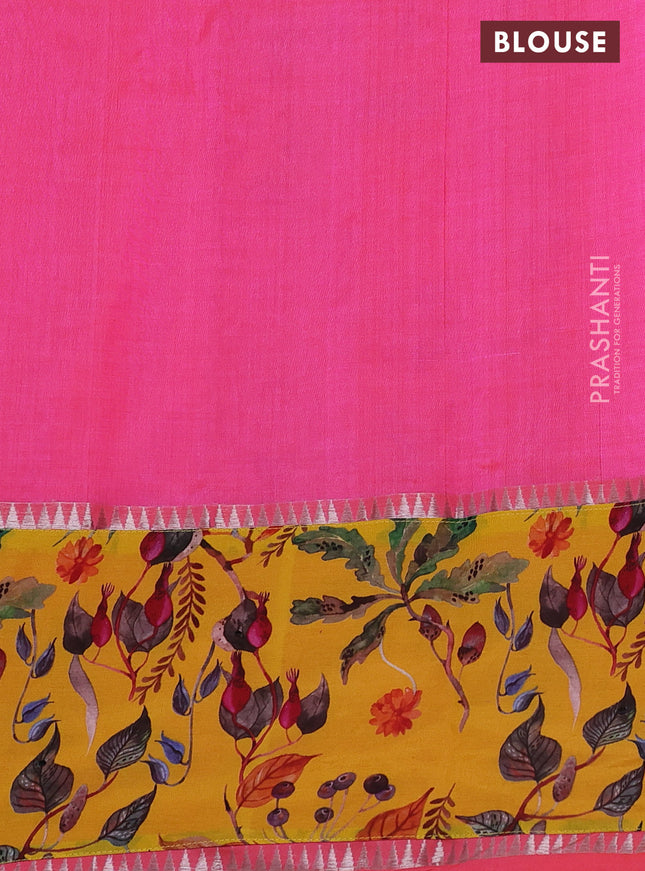 Mangalgiri silk cotton saree dual shade of candy pink and yellow with plain body and long kalamkari printed applique border